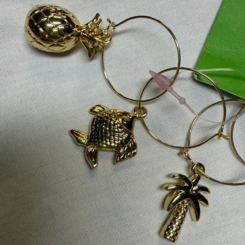 Lilly Pulitzer Gold Beverage‎ Charms Set of 4 Flamingo Palm Fish Pineapple NWT